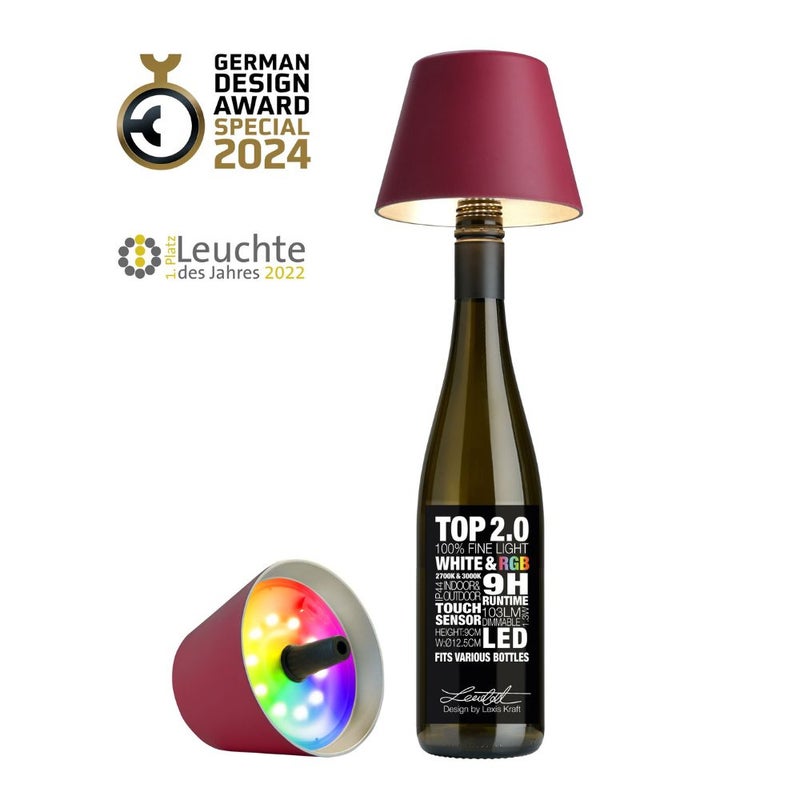 Sompex Top 2.0 Bottle Table Lamp Matte Finish | Stylish Rechargeable LED Lamp | Modern, Wireless & Portable Design | Perfect for Indoor & Outdoor | Adjustable light settings | 12.5x11 cm - Bordeaux - Image 1